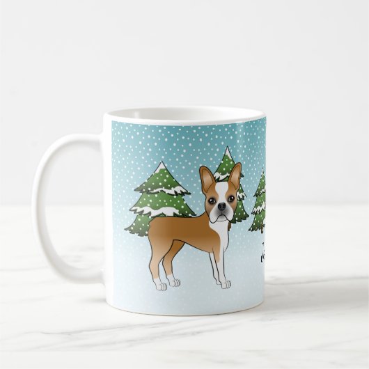 Fawn Boston Terrier in einem Winterwald & Name Kaffeetasse (Links)