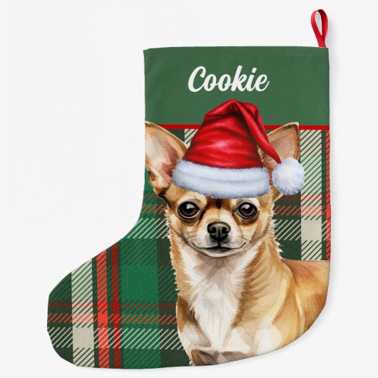 Fawn Chihuahua Dog Holiday Kariert Personalisiert Großer Weihnachtsstrumpf (Rückseite)
