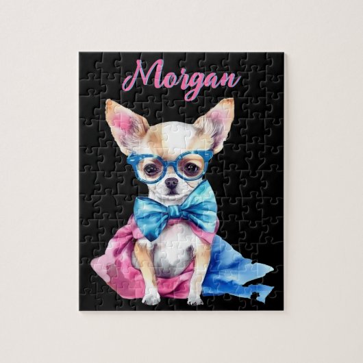 Fawn Chihuahua Puppy Wearing Brillen mit Namen Puzzle (Vertikal)