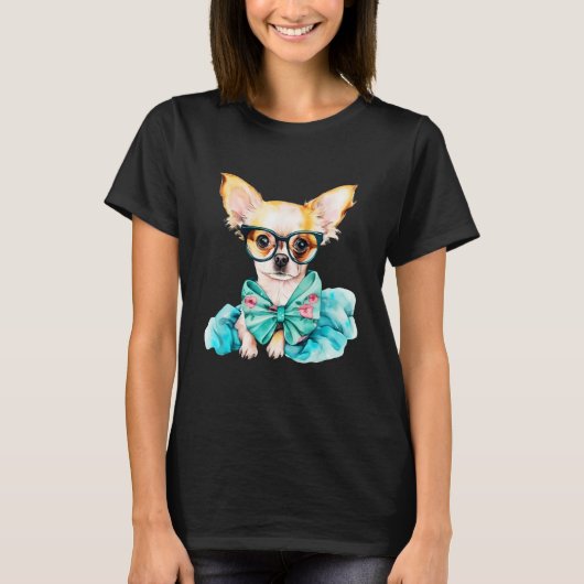 Fawn Chihuahua Puppy Wearing Glasses Portrait 1 T-Shirt (Vorderseite)