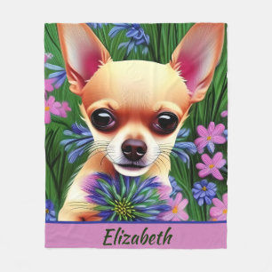 Fawn Chihuahua Welpe in Blume Meadow Personalisier Fleecedecke