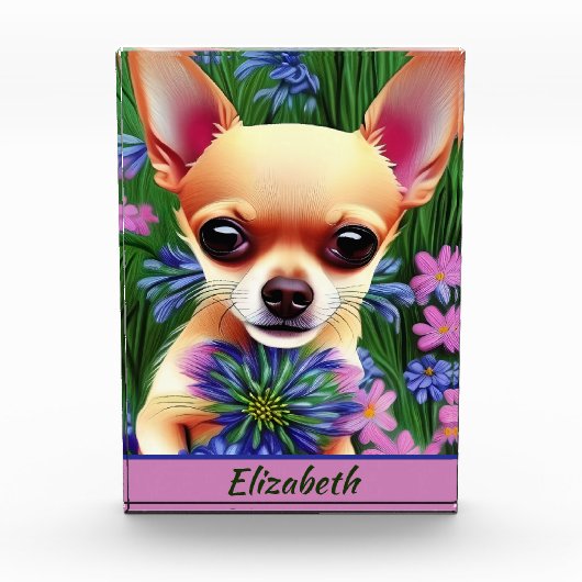 Fawn Chihuahua Welpe in Blume Meadow Personalisier Fotoblock (Vorderseite)