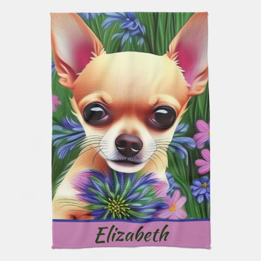 Fawn Chihuahua Welpe in Blume Meadow Personalisier Geschirrtuch (Vertikal)