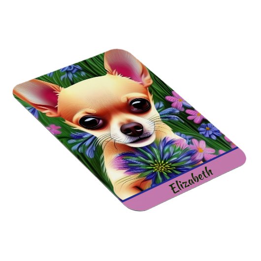 Fawn Chihuahua Welpe in Blume Meadow Personalisier Magnet (Rechte Seite)