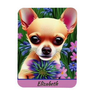 Fawn Chihuahua Welpe in Blume Meadow Personalisier Magnet