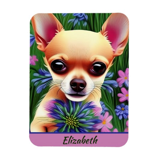 Fawn Chihuahua Welpe in Blume Meadow Personalisier Magnet (Vertikal)