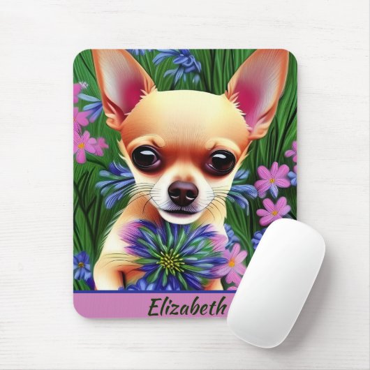 Fawn Chihuahua Welpe in Blume Meadow Personalisier Mousepad (Mit Mouse)