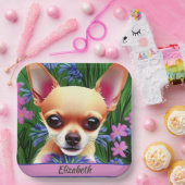 Fawn Chihuahua Welpe in Blume Meadow Personalisier Pappteller (Party)