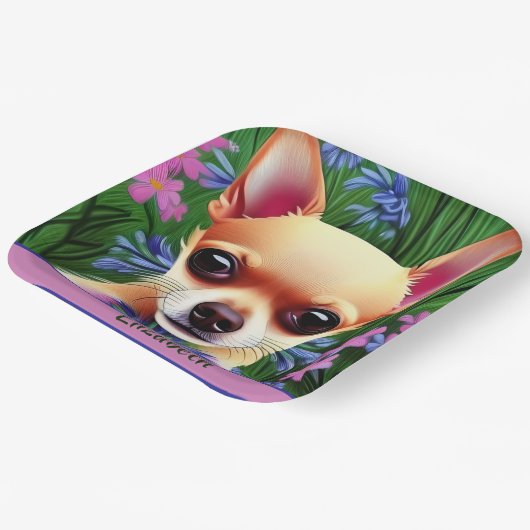 Fawn Chihuahua Welpe in Blume Meadow Personalisier Pappteller (Gewinkelt)
