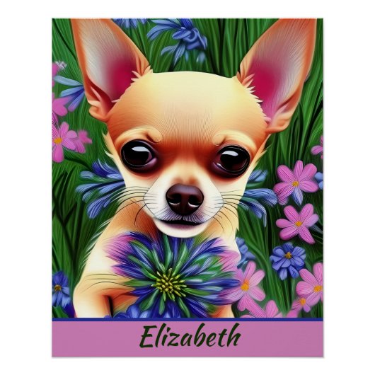 Fawn Chihuahua Welpe in Blume Meadow Personalisier Poster (Vorderseite)