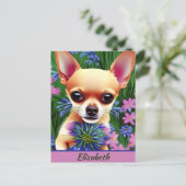 Fawn Chihuahua Welpe in Blume Meadow Personalisier Postkarte (Stehend Vorderseite)