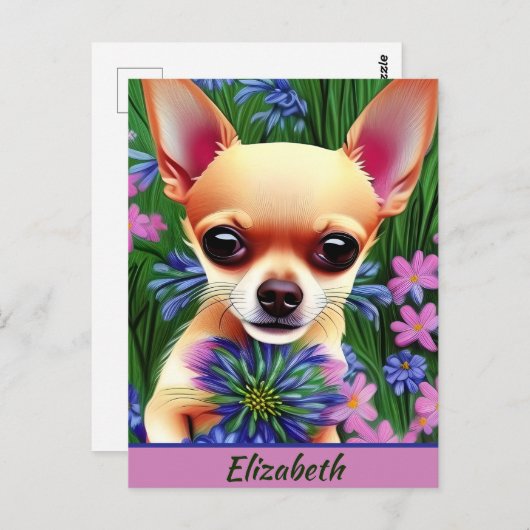 Fawn Chihuahua Welpe in Blume Meadow Personalisier Postkarte (Vorne/Hinten)