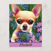 Fawn Chihuahua Welpe in Blume Meadow Personalisier Postkarte (Vorderseite)