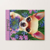 Fawn Chihuahua Welpe in Blume Meadow Personalisier Puzzle (Horizontal)