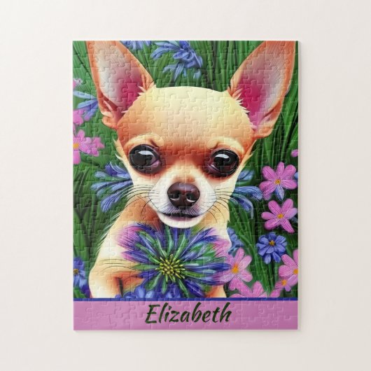 Fawn Chihuahua Welpe in Blume Meadow Personalisier Puzzle (Vertikal)