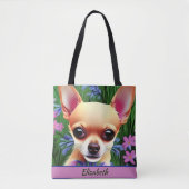 Fawn Chihuahua Welpe in Blume Meadow Personalisier Tasche (Vorderseite)