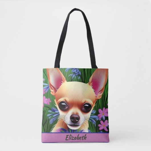 Fawn Chihuahua Welpe in Blume Meadow Personalisier Tasche (Vorderseite)