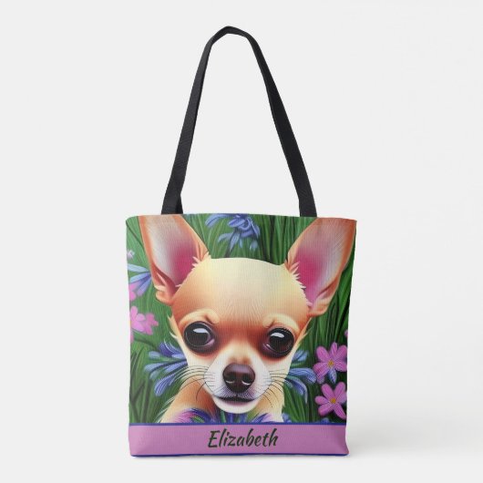 Fawn Chihuahua Welpe in Blume Meadow Personalisier Tasche (Rückseite)