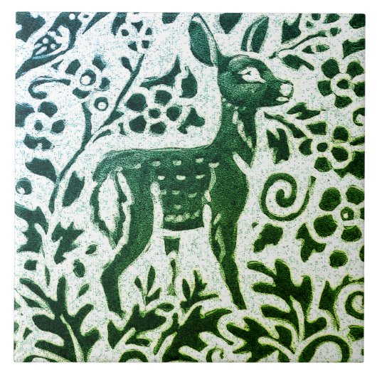 Fawn Deer Batik Modernes grünes blaues Blumenwald Fliese (Vorderseite)