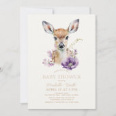Fawn Deer Lila Floral Baby Dusche Einladung (Vorderseite)