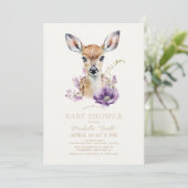 Fawn Deer Lila Floral Baby Dusche Einladung (Stehend Vorderseite)