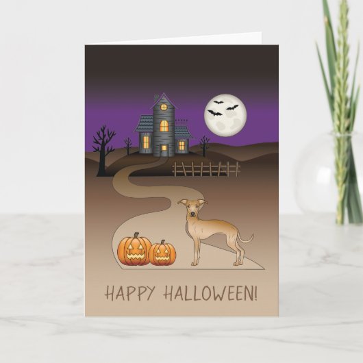 Fawn Iggy Niedlich Hund und Halloween Spuk Haus Karte (Vorderseite)