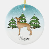 Fawn Italian Greyhound Dog in einem Winterwald Keramik Ornament (Vorne)