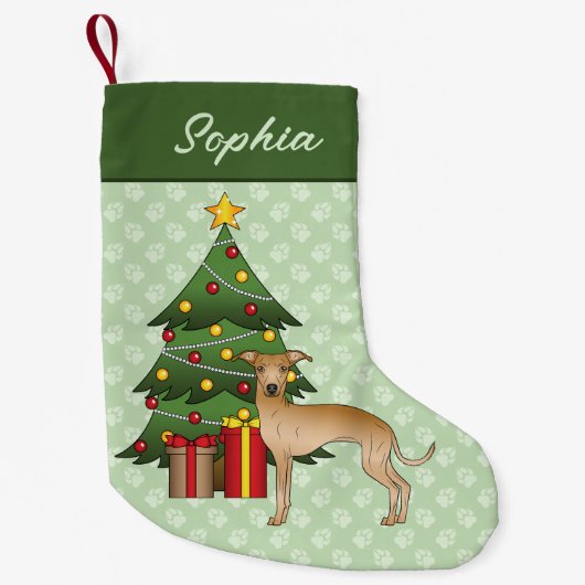 Fawn Italian Greyhound Dog mit einem Weihnachtsbau Kleiner Weihnachtsstrumpf (Vorderseite)