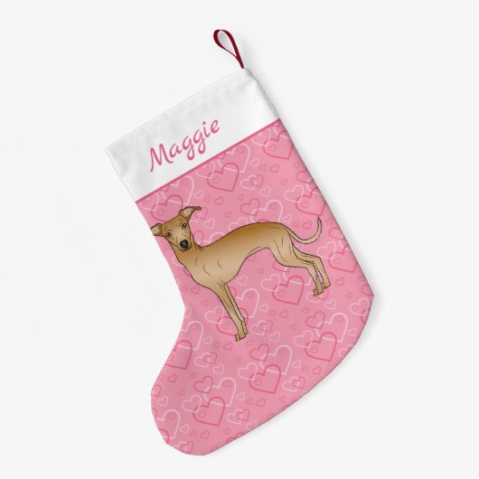 Fawn Italian Greyhound Niedlich Dog On Pink Hearts Kleiner Weihnachtsstrumpf (Rückseite (Hängend))