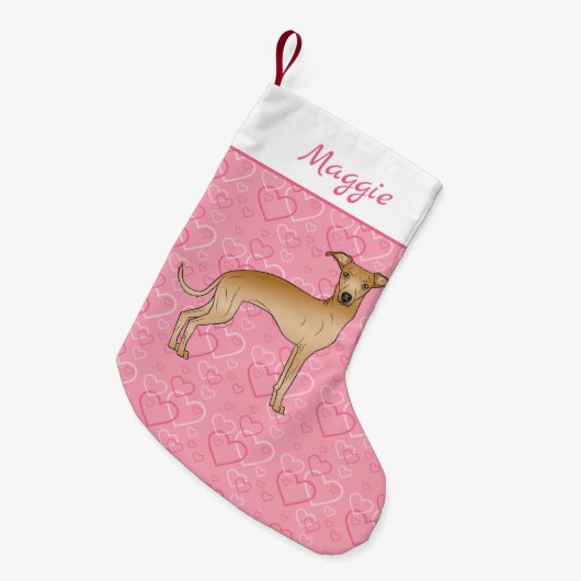 Fawn Italian Greyhound Niedlich Dog On Pink Hearts Kleiner Weihnachtsstrumpf (Vorderansicht (hängend))