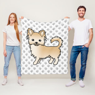 Fawn Long Coat Chihuahua Cartoon Dog & Paws Fleecedecke