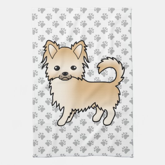 Fawn Long Coat Chihuahua Cartoon Dog & Paws Geschirrtuch (Vertikal)