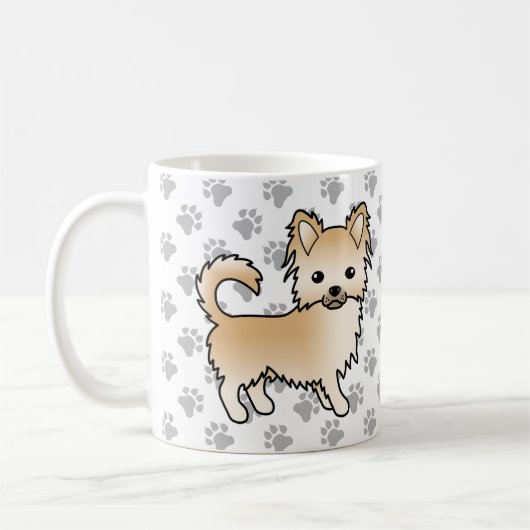 Fawn Long Coat Chihuahua Cartoon Dog & Paws Kaffeetasse (Links)