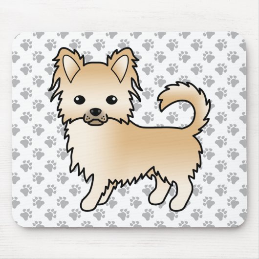 Fawn Long Coat Chihuahua Cartoon Dog & Paws Mousepad (Vorne)