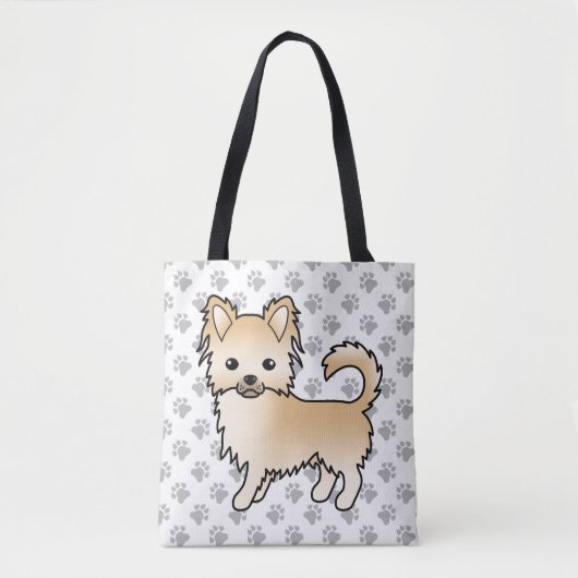 Fawn Long Coat Chihuahua Cartoon Dog & Paws Tasche (Vorderseite)