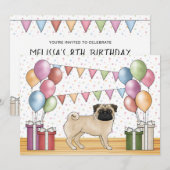 Fawn Mops Cartoon Hund farbenfrohe Pastelle Geburt Einladung (Vorne/Hinten)