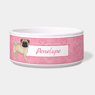 Fawn Mops Cartoon Mops auf rosa Herzen mit Namen Napf
