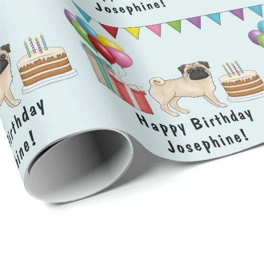 Fawn Mops Dog Cartoon Mops farbenfrohe Glückwünsch Geschenkpapier (Rolleneckpunkt)