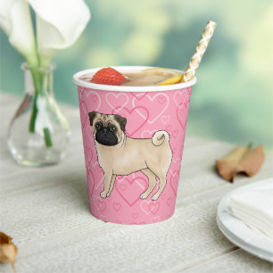 Fawn Mops Dog Cartoon Mops Liebe Herzmuster Rosa Pappbecher