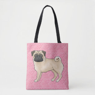 Fawn Mops Dog Cartoon Mops Pink Liebe Herz Muster Tasche