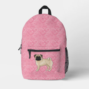 Fawn Mops Dog Cartoon Mops Pink Liebe Herzmuster Bedruckter Rucksack