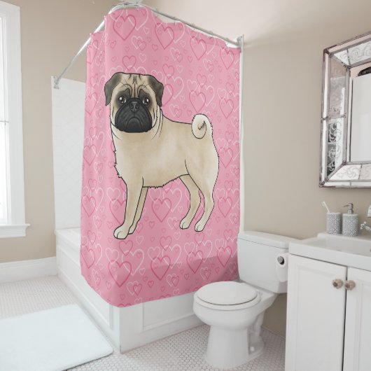 Fawn Mops Dog Cartoon Mops Pink Liebe Herzmuster Duschvorhang (Beispiel)