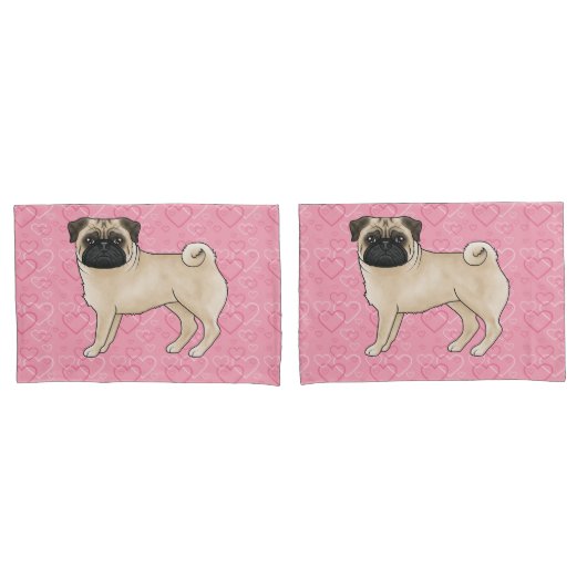 Fawn Mops Dog Cartoon Mops Pink Liebe Herzmuster Kissenbezug (Vorderseite-Set)