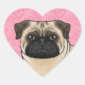 Fawn Mops Dog Head Nah-up auf rosa Liebe Herzen Herz-Aufkleber (Vorderseite)