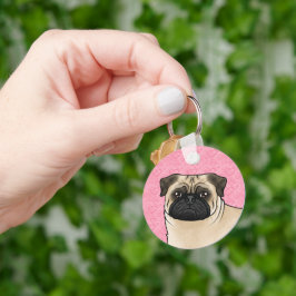 Fawn Mops Dog Head Nah-up auf rosa Liebe Herzen Schlüsselanhänger
