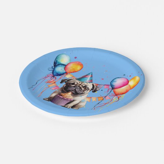 Fawn Mops Geburtstagsfeier Pappteller (Schrägansicht)