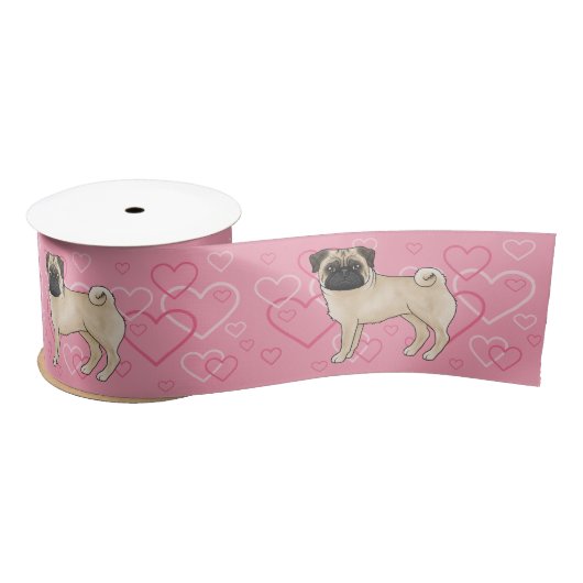 Fawn Mops Hund Cartoon Mops mit Herz Muster rosa Satinband (Spule)