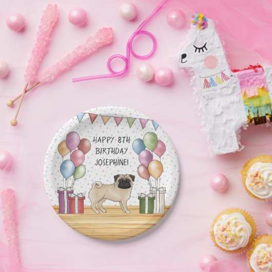 Fawn Mops Hund farbenfrohe Pastelle glücklich Gebu Pappteller (Party)