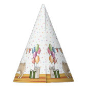 Fawn Mops Hund farbenfrohe Pastelle glücklich Gebu Partyhütchen (Rückseite)