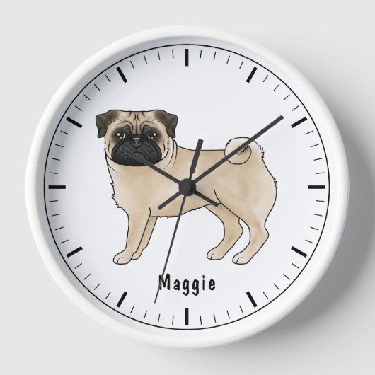 Fawn Mops Hund Niedliche Cartoon Illustration mit  Uhr (Vorderseite)